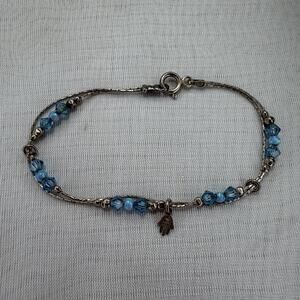 Sterling Silver Beaded Chain Hamsa Hand Bracelet Stamped 925 On 7 Inch Chain